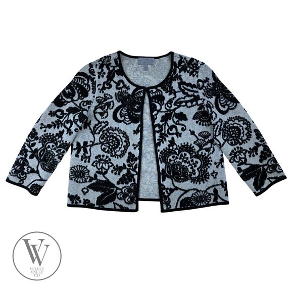 100% Cashmere Classiques Entier Black & Gray Floral Cardigan Sweater L - Picture 1 of 5